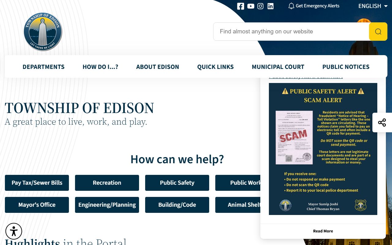 Edison Township government website for genealogy record access