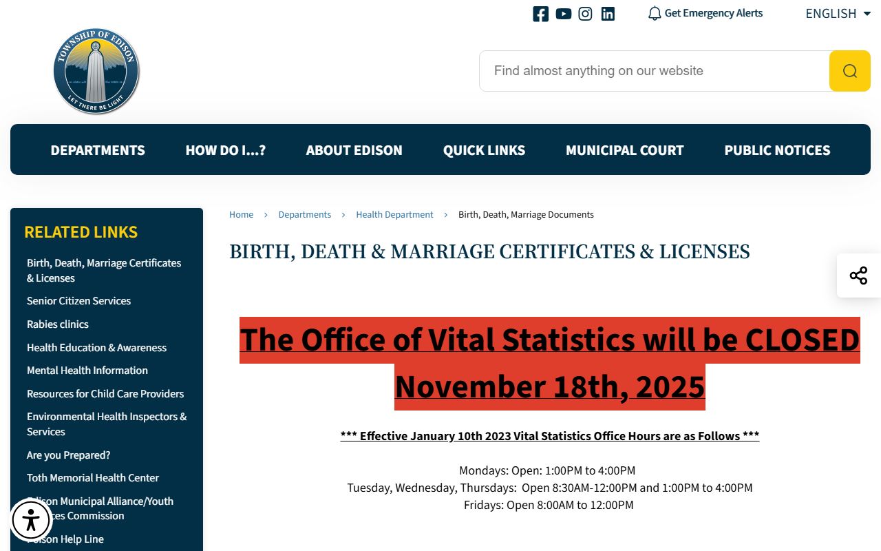 Edison Township vital records office for genealogy research