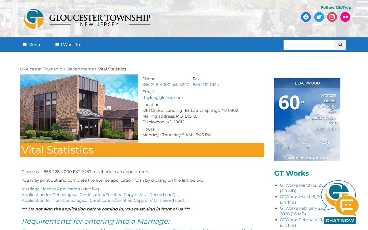 Gloucester Township Vital Statistics office for genealogy records