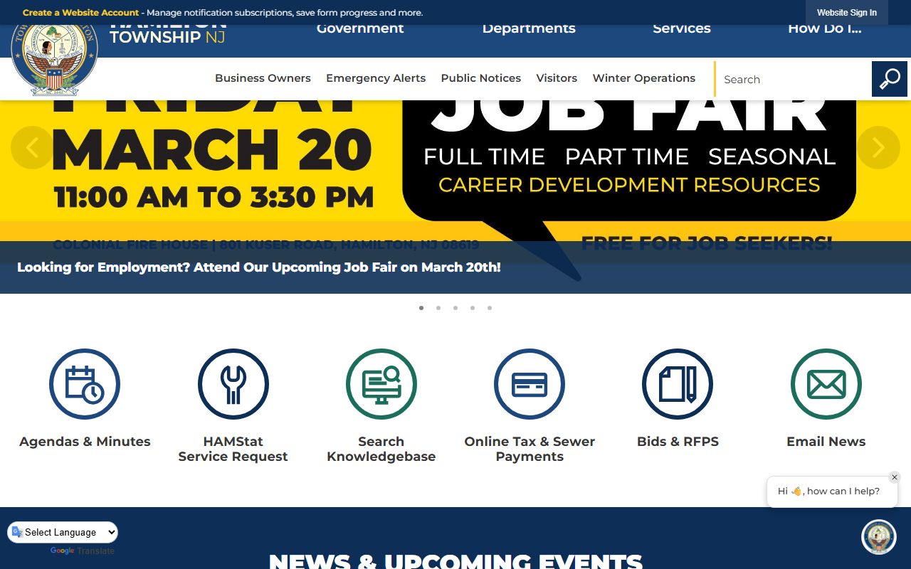 Hamilton Township government website for genealogy record access