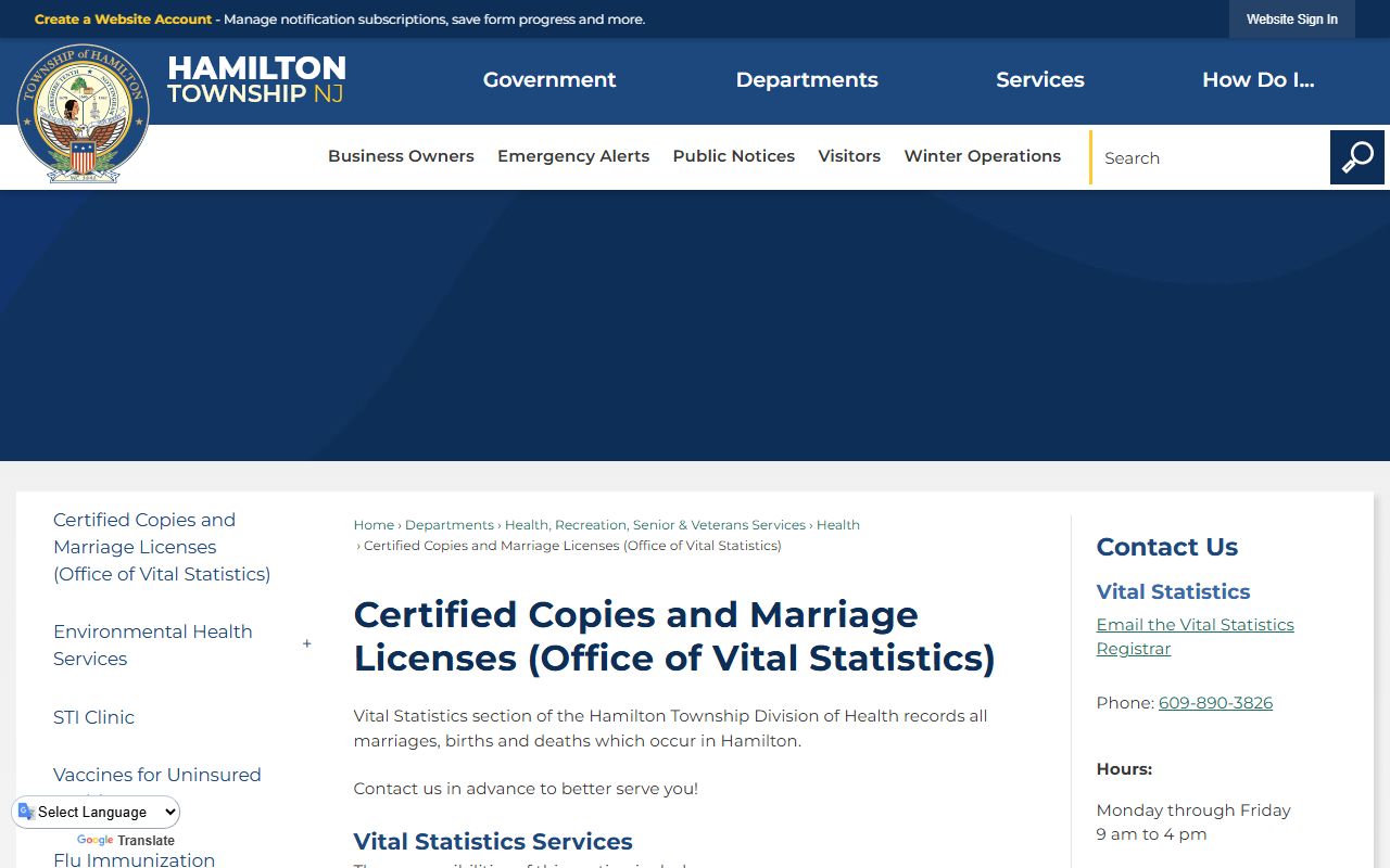 Hamilton Township vital statistics office for genealogy records