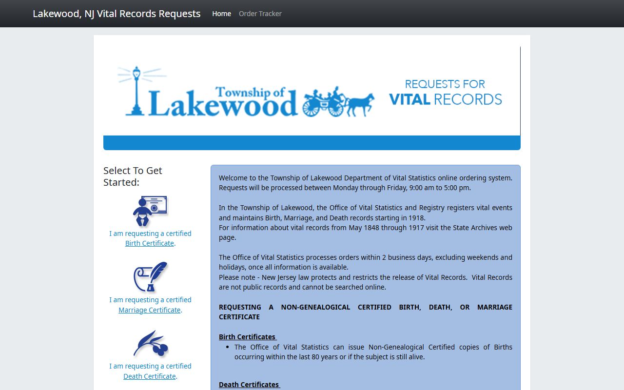 Lakewood online records portal for genealogy record requests