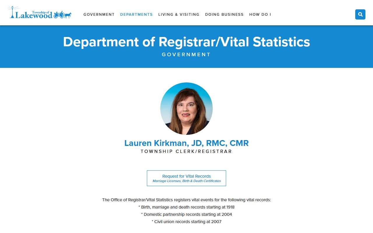 Lakewood Township vital statistics office for genealogy records