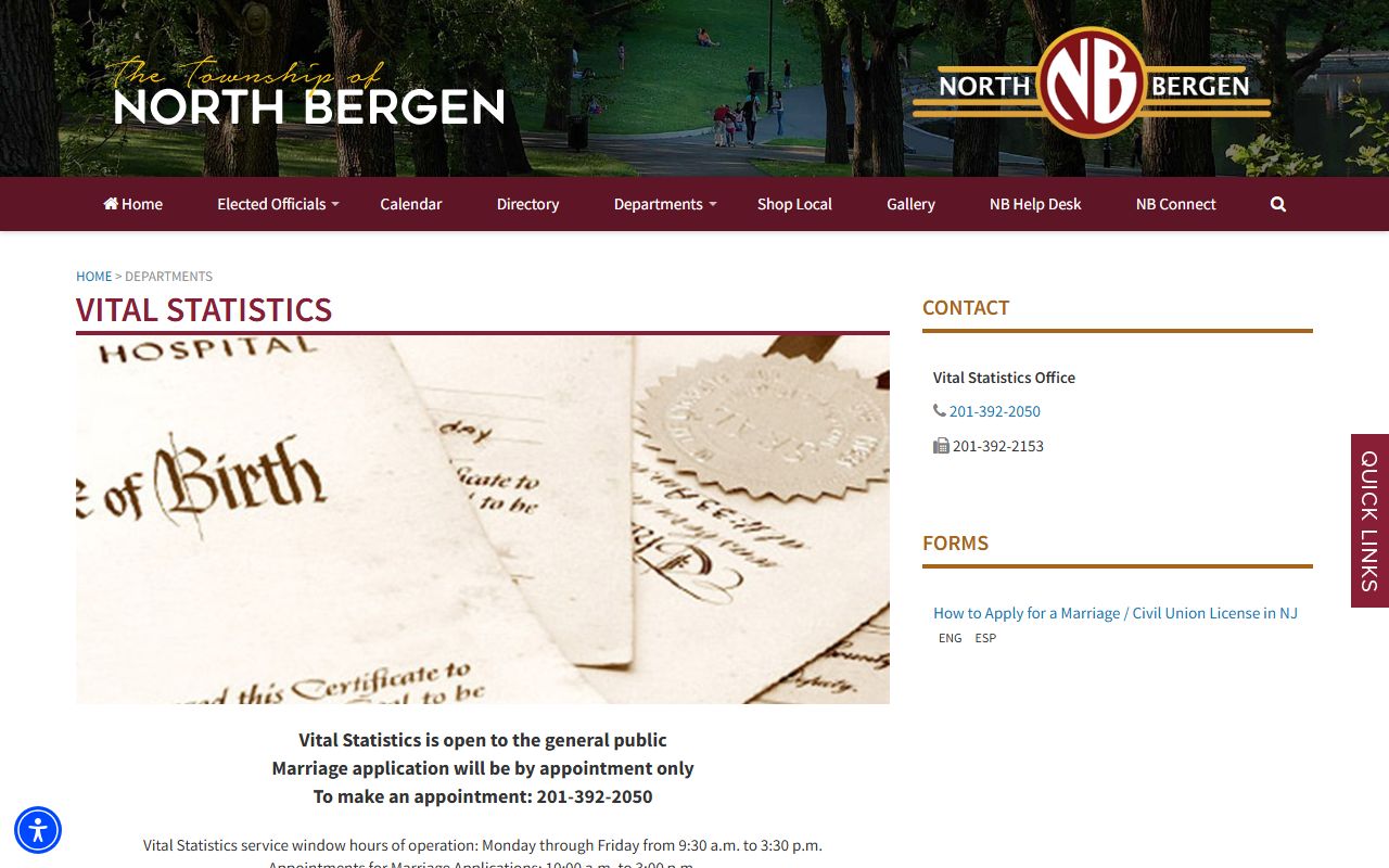 North Bergen Vital Statistics office for genealogy records access