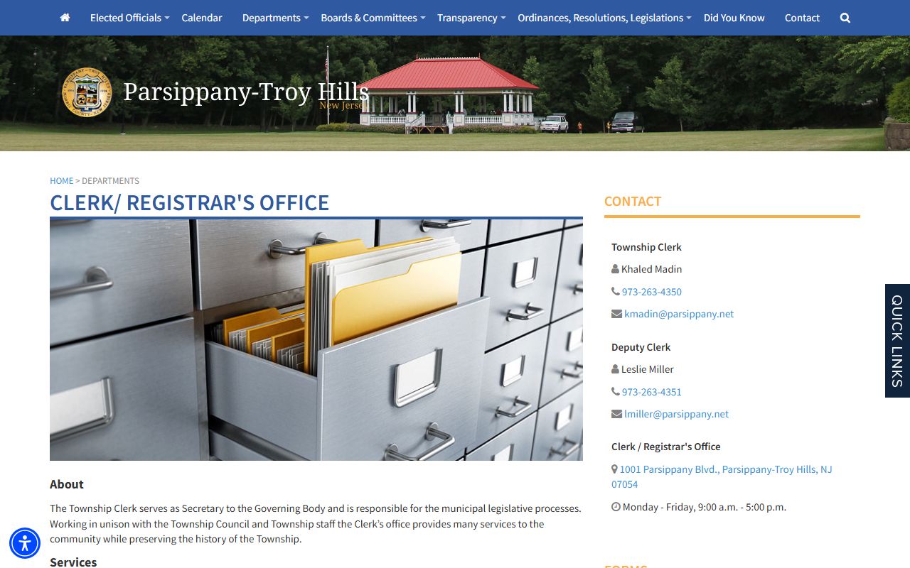 Parsippany-Troy Hills Township Clerk office for genealogy records