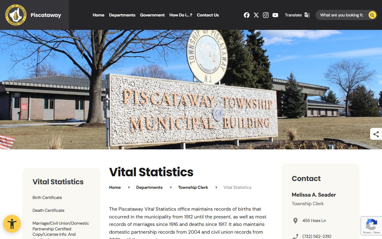 Piscataway Township vital statistics office for genealogy records