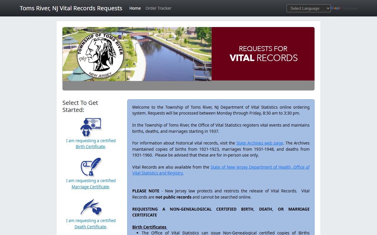 Toms River vital statistics office for genealogy records