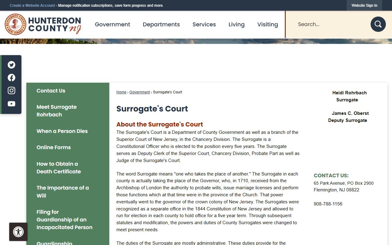 Hunterdon County Surrogate office for genealogy records