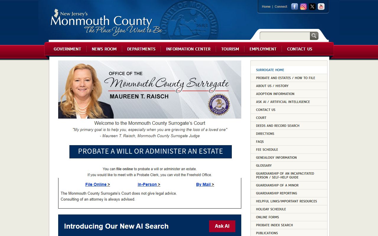 Monmouth County Surrogate Office for probate and genealogy records
