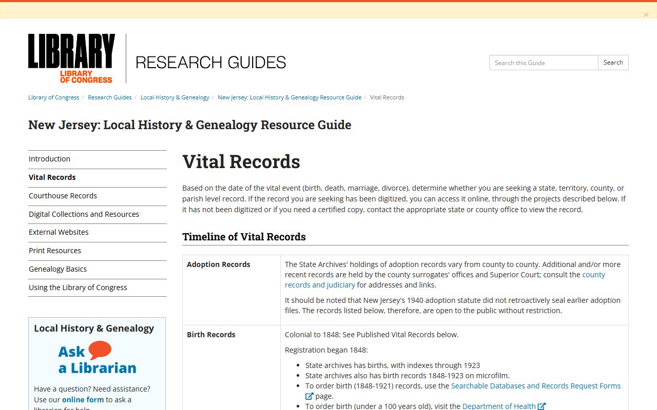Library of Congress New Jersey genealogy research guide