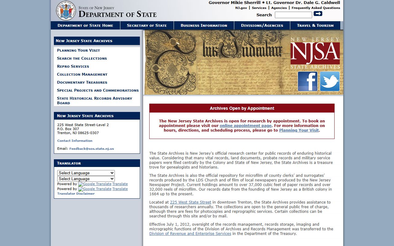 New Jersey State Archives official website for genealogy records